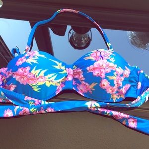 Flower floral pink lei blue bikini swimsuit top